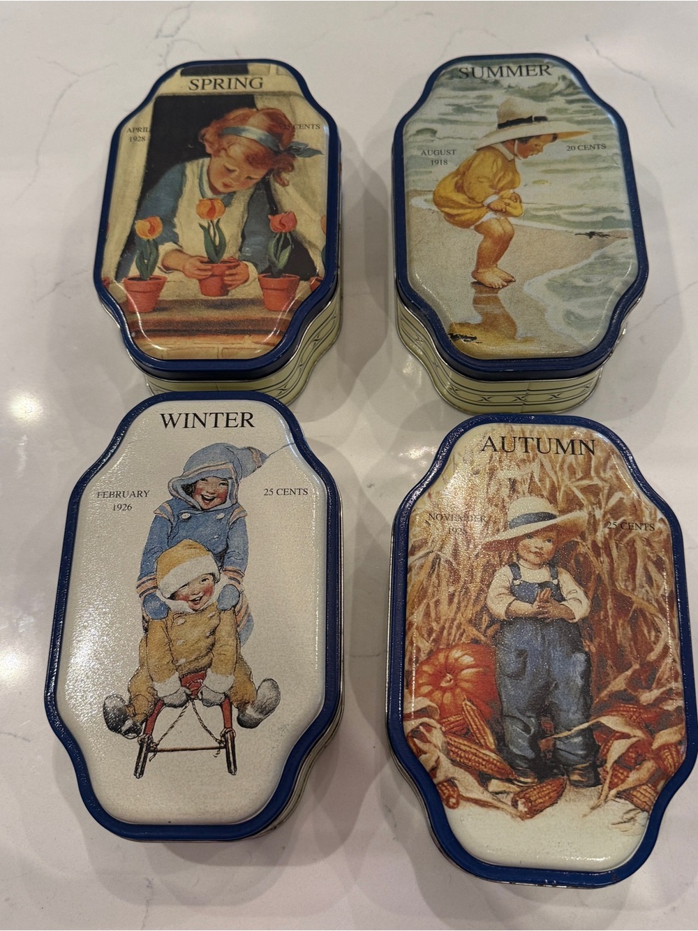 Vintage Seasonal Tin Set Spring Summer Autumn Winter Tins Cottagecore